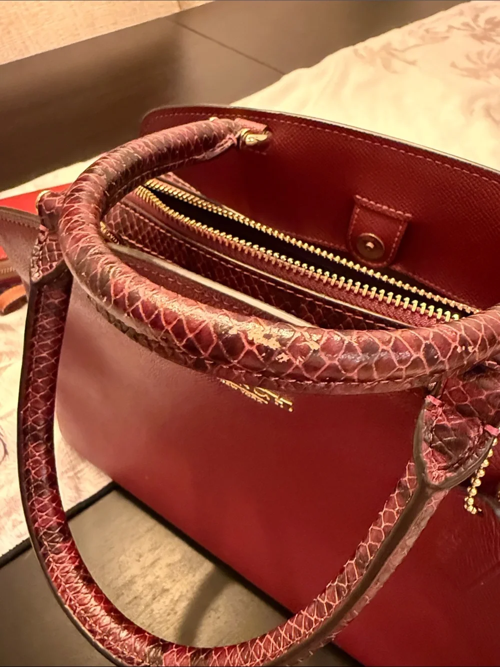 Coach Burgundy Leather Satchel with Gold Chain Strap